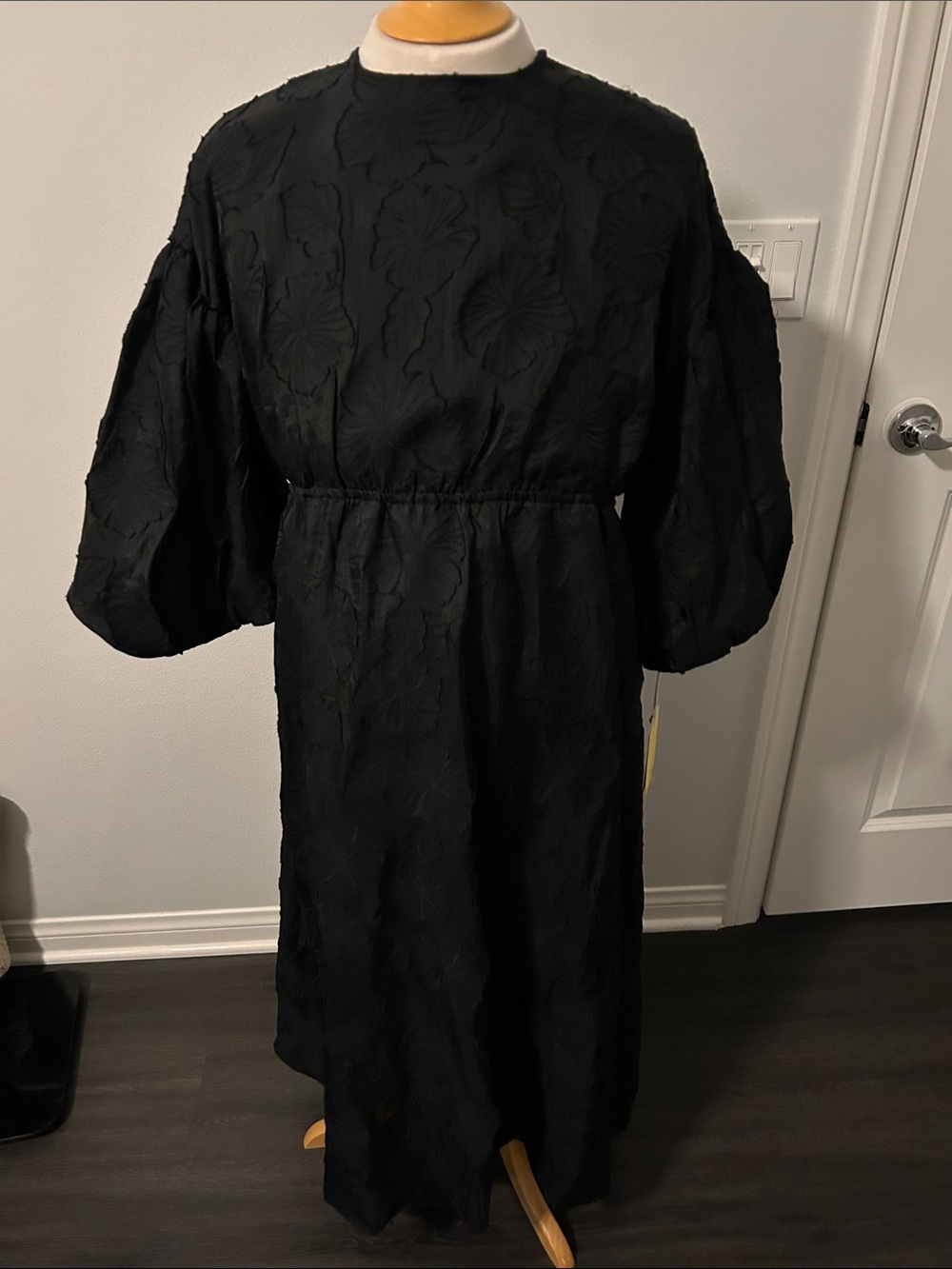 Kika Vargas Black Textured Dress with Puff Sleeve Detail
